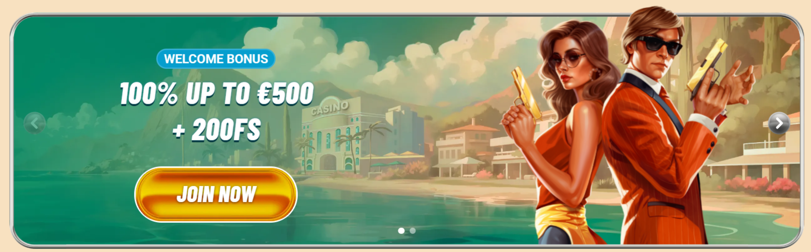 Vegasino Casino homepage — Welcome Bonus 100% fino a €500 + 200FS